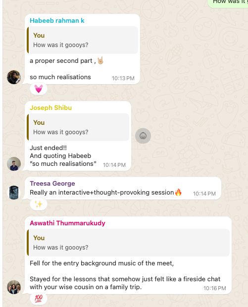 Student WhatsApp feedback about Beyond the Blueprint session