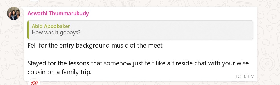 Another student WhatsApp message reflecting impact of the session